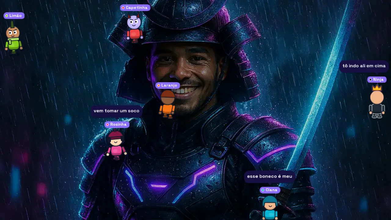 A camada do AdVerso por cima da tela da live: bonecos dos fãs andando, cada um com o nome em cima e balões de fala